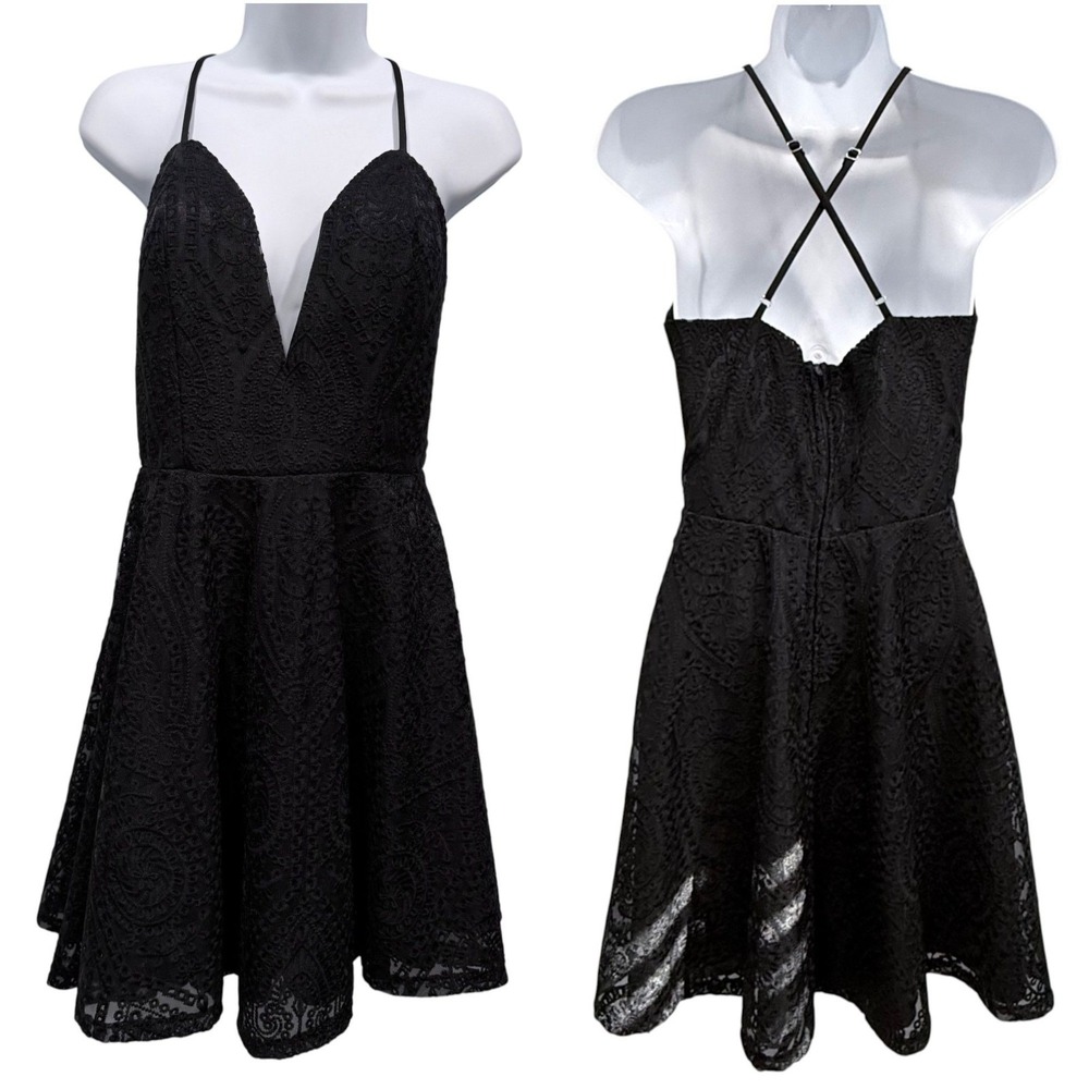 Charlotte Russe Black Lace Mini Dress Plunge Baby Doll Skater Romantic Goth Sz M